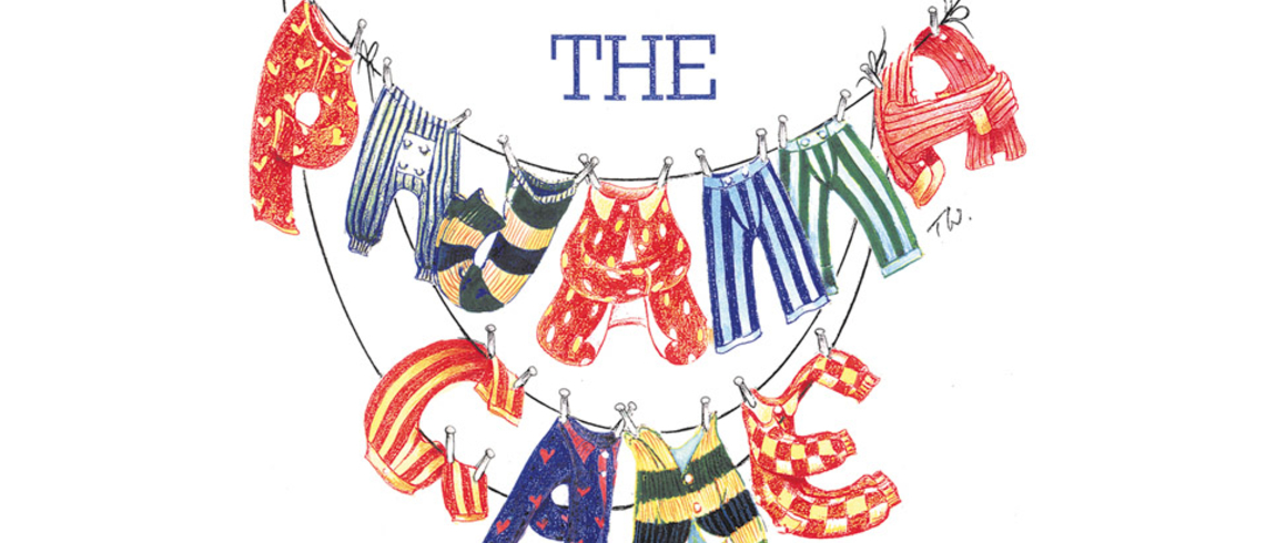 Pajama Game logo - the name of the play is spelled out in pajamas hanging on a laundry line.