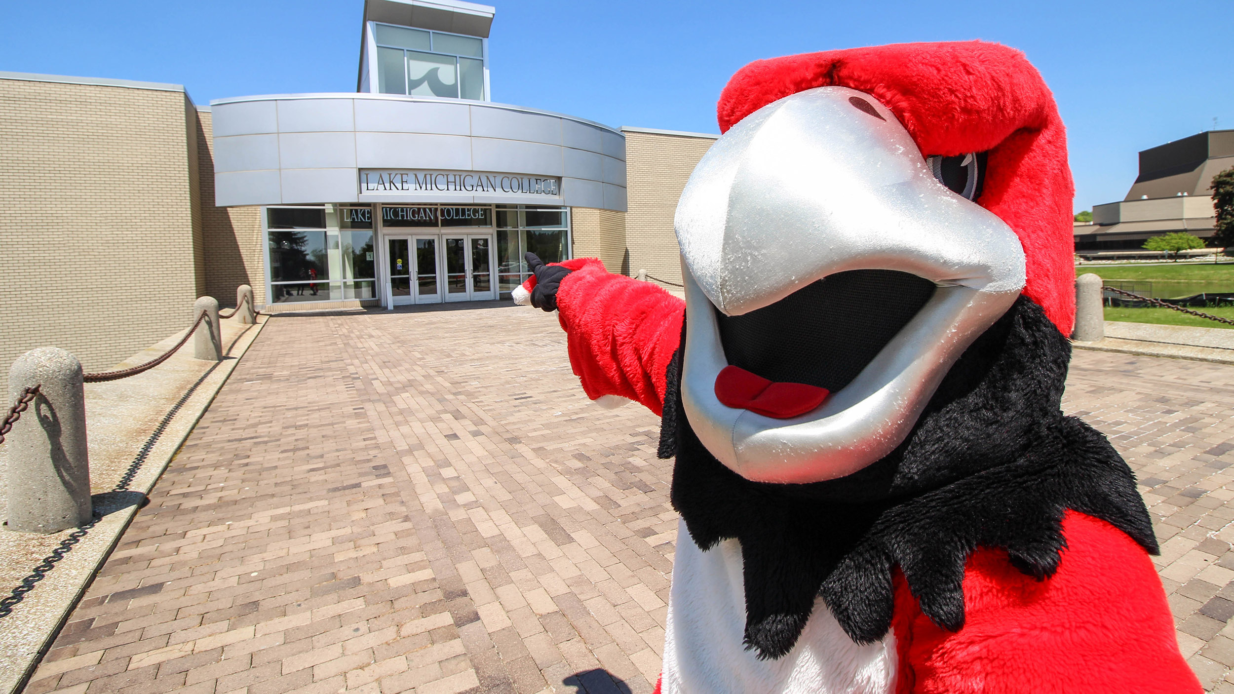 Rocky at the Benton Harbor campus entrance