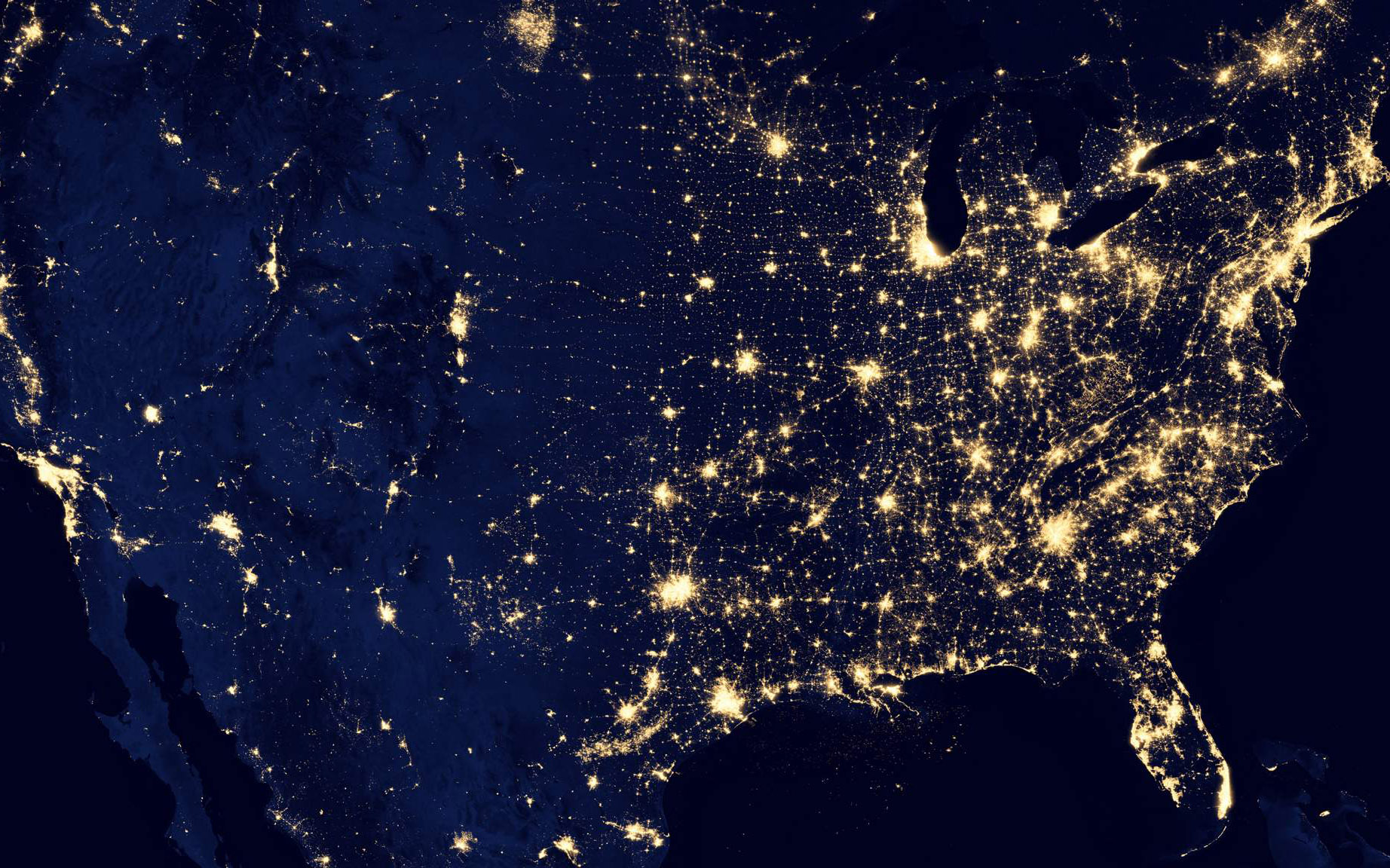 Satellite imagery of lights around the United States.