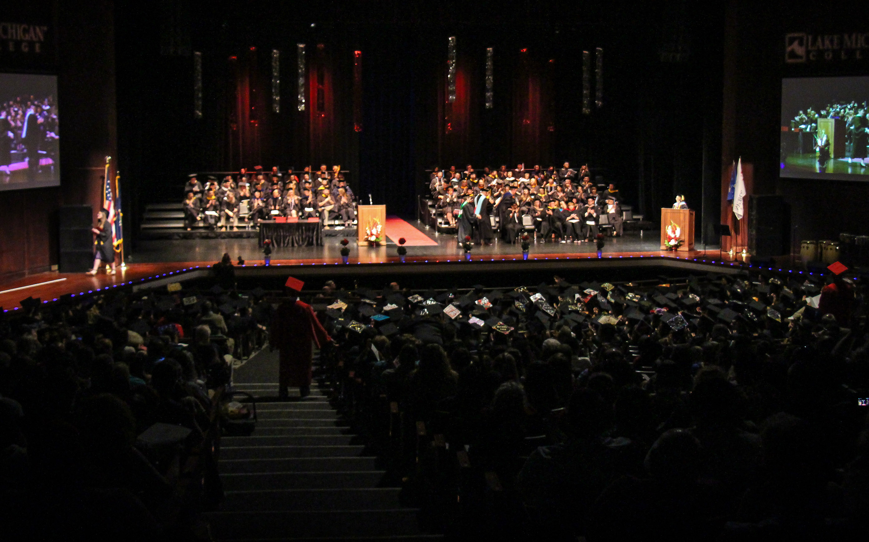 Graduation ceremony being held on the Mendel Center Mainstage.