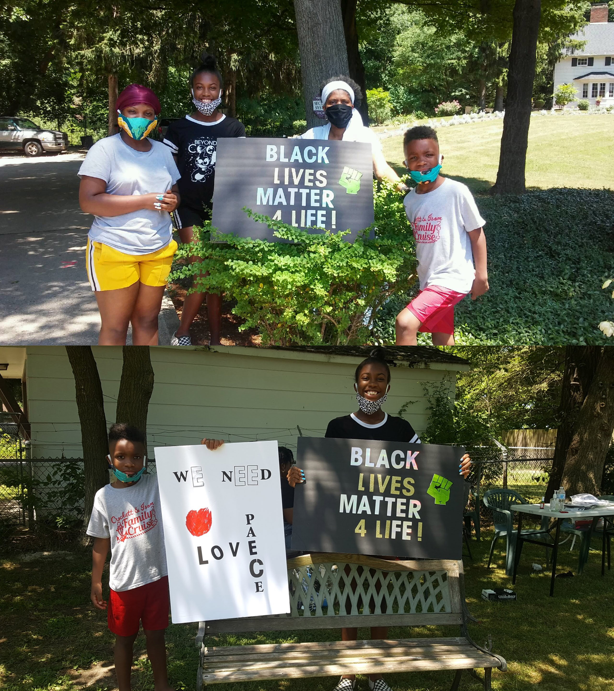 A collage of two images with children holding posterboard signs: Black lives matter 4 life! and We need love and peace.