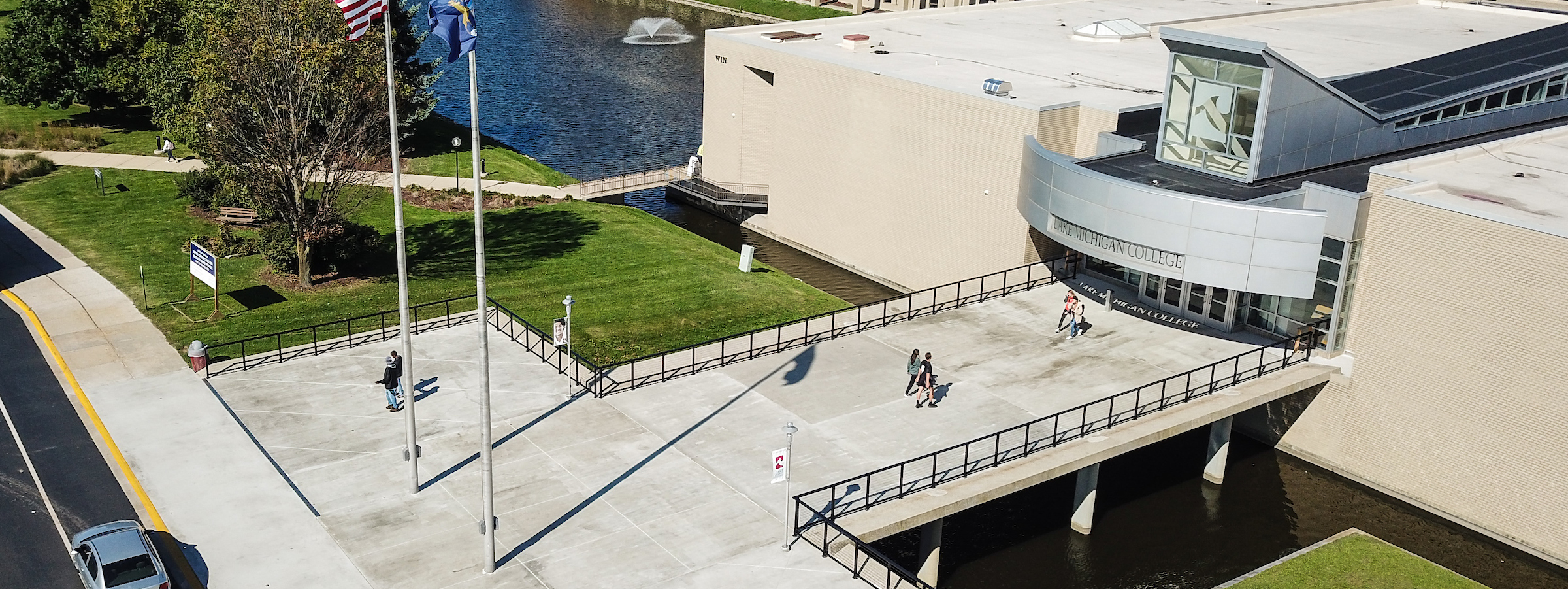 Drone shot of campus entrance.