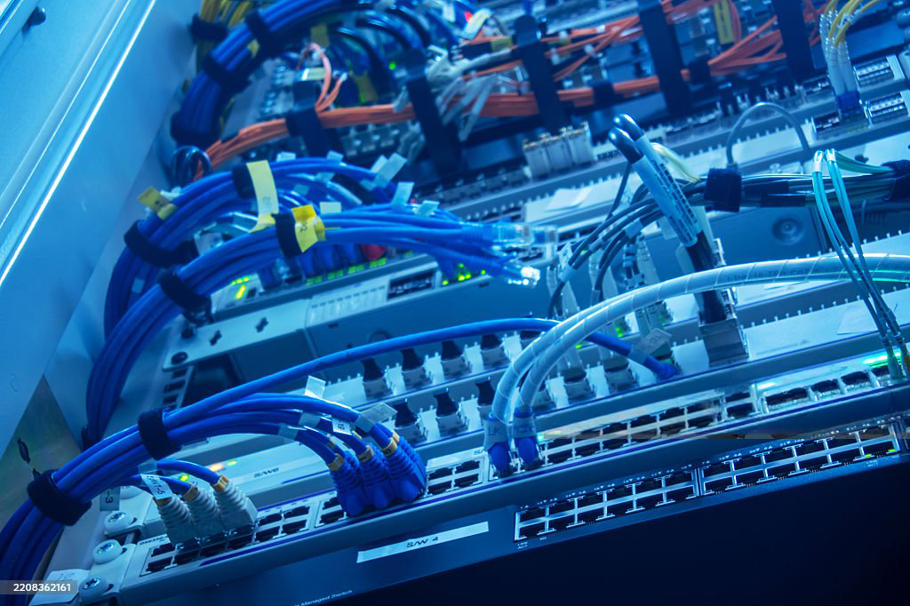 Close-up of a network server rack