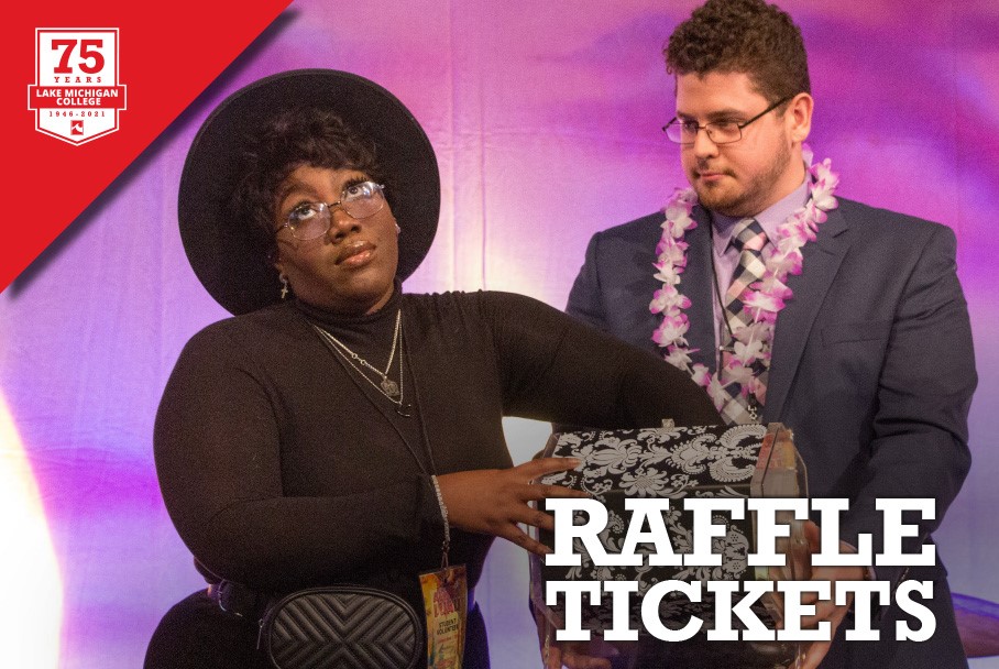 Raffle graphic with a photo of someone winning and table mates celebrating with her