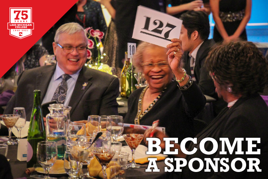 Become a sponsor graphic with a photo of an auction-goer bidding during the live auction