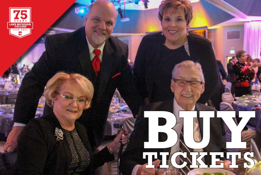 Buy tickets graphic with auction photo of four people in black tie