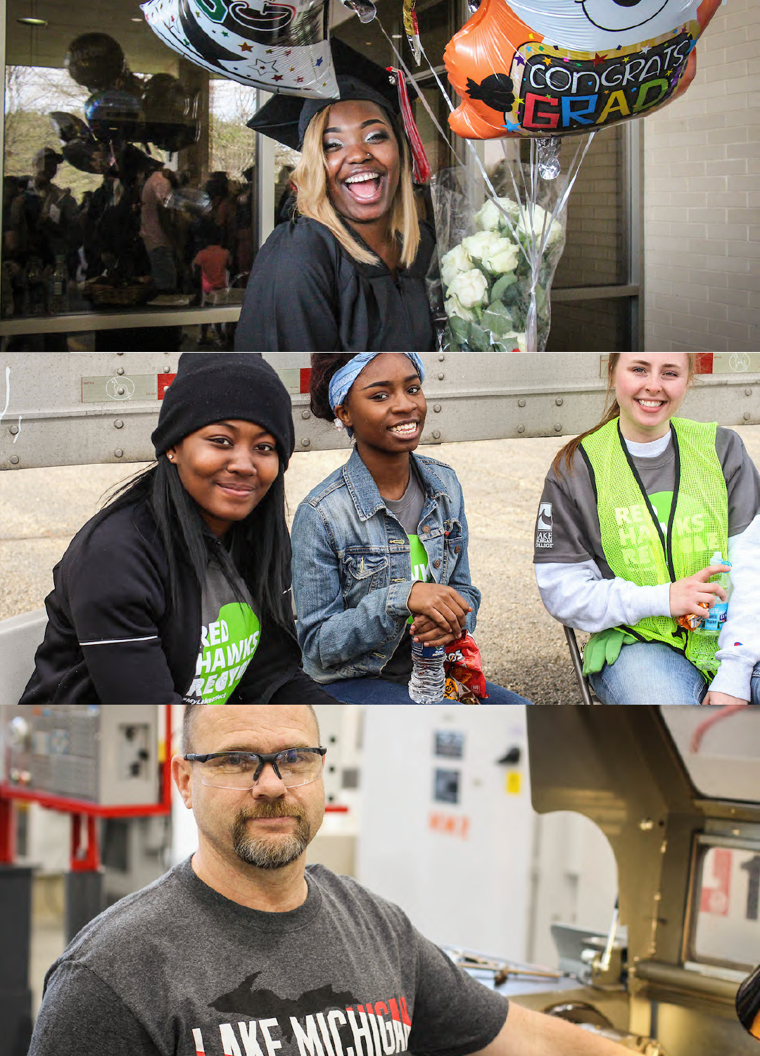 Collage of three images showing students of different ages, races and genders graduating, studying and having fun.