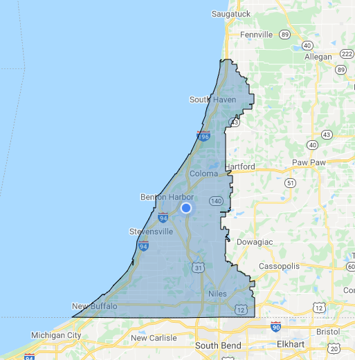 Map of southwest Michigan with LMC district highlighted - included zip codes are listed above.