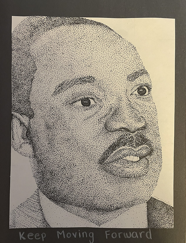 Portrait of Dr. King made of tiny black dots on an ivory-colored background.
