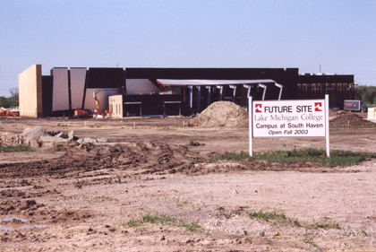 The South Haven Campus building almost finished, surrounded by freshly graded soil.