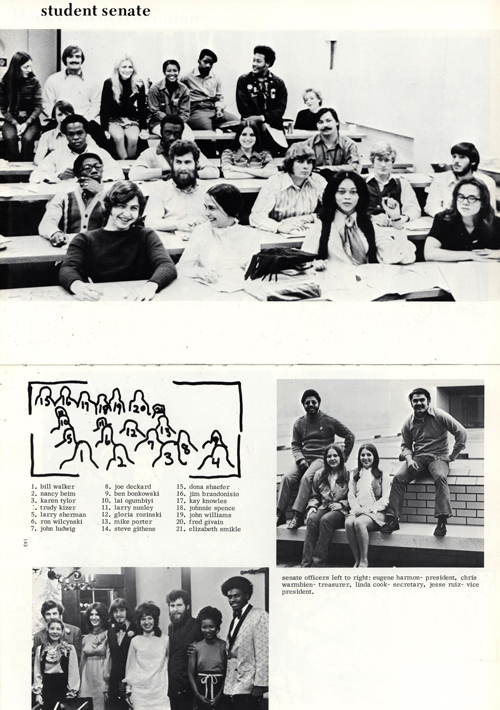 Page out of a yearbook with three photos of students and a drawing to identify them.