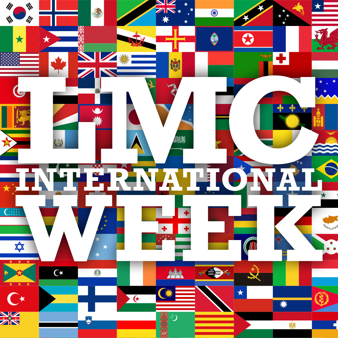 Background with lots of national flags with text: LMC International Week.
