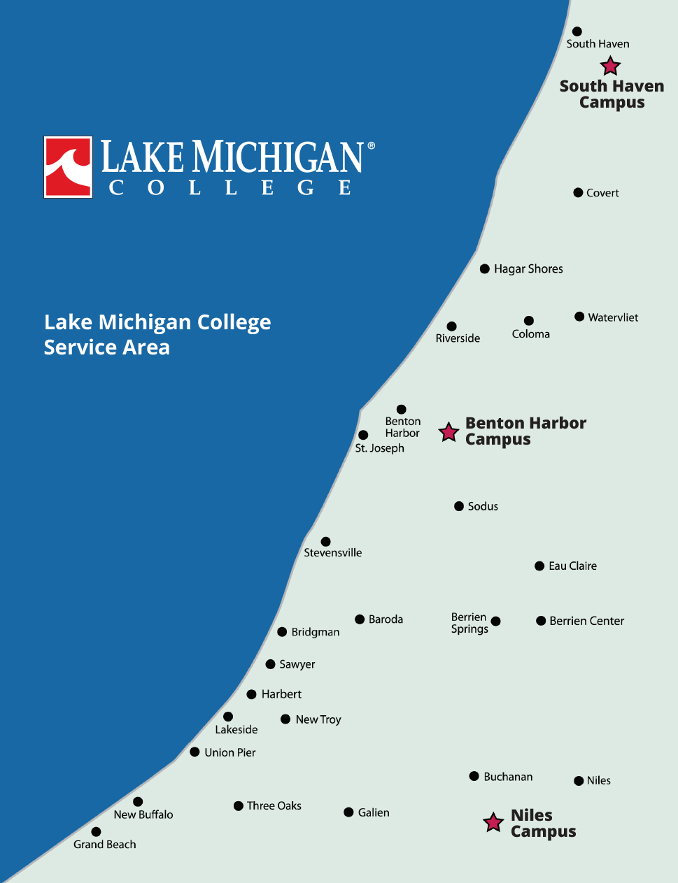 LMC district map showing Berrien County plus South Haven and Covert to the North, and Niles to the east.