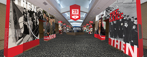 View of walking up the ramp at the main entrance, with big photos with text, Then and Now, and historical photos by decade on the columns flanking the ramp.