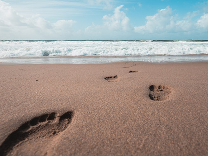 Footsteps in the sand leading up to the water