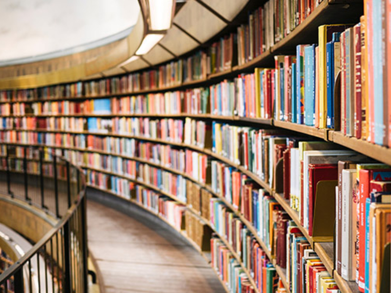 Bookshelves in a library