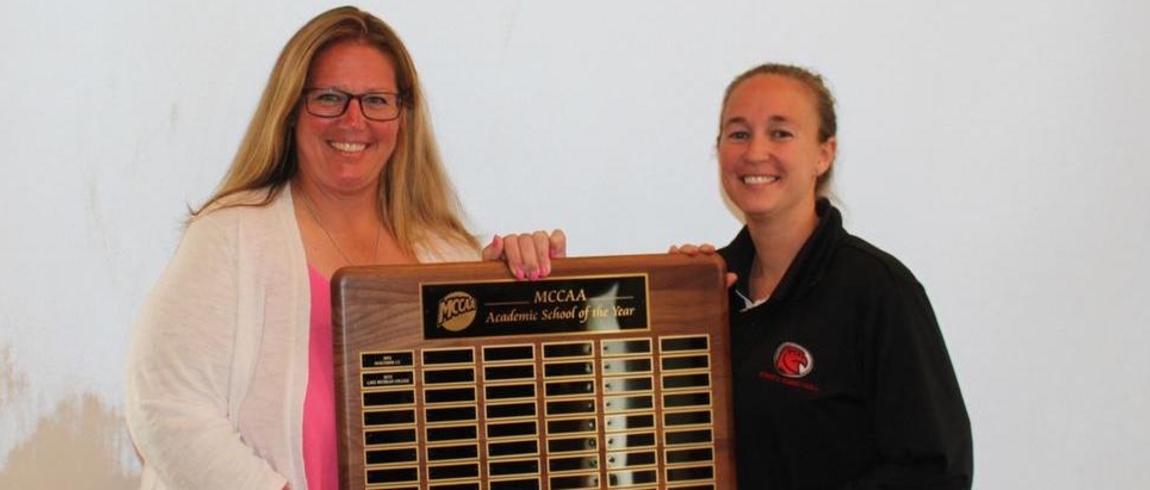 LMC Executive Director, Campus Life and Athletics Melissa Grau, left, and Associate Director, Athletics Sarah Svaboda. MCCAA Award