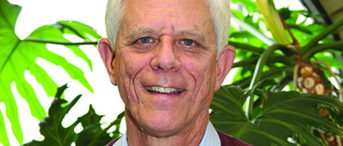 Robert Schodorf in front of a plant near one of the round windows in the Benton Harbor Campus Main Building.