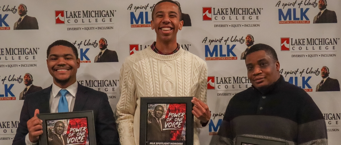 Chokwe Pitchford (from left), Ethan Reid Chambliss, and Trenton Bowens pose after being recognized Monday as the 2024 Spirit of MLK Spotlight recipients during the annual MLK Celebration and Community Breakfast in Grand Upton Hall of Lake Michigan College's Mendel Center. Chokwe Pitchford, Ethan Reid Chambliss, and Trenton Bowens