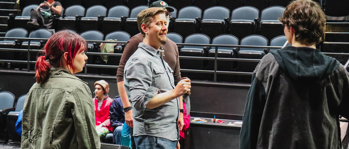 Lake Michigan College Theatre Instructor Dr. Patrick King works with the cast of The Lightning Thief: The Percy Jackson Musical." Pat King