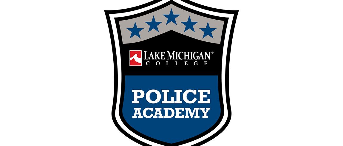 Shield-shaped Lake Michigan College Police Academy logo featuring five blue stars across the top, the Lake Michigan College name and red wave emblem in the center, and the words ‘Police Academy’ in bold white letters on a blue background at the bottom