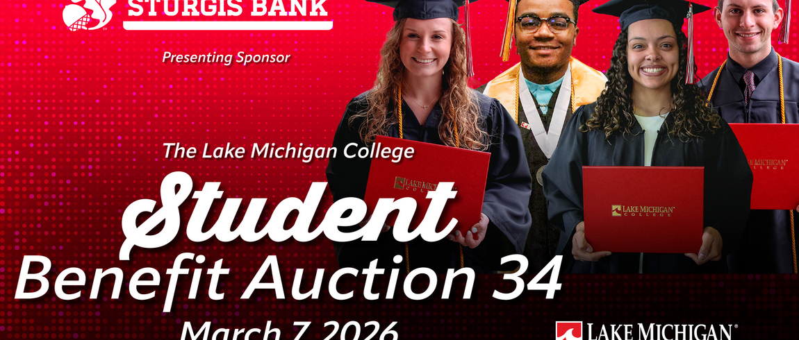 Promotional banner for The Lake Michigan College Student Benefit Auction 34, dated March 7, 2026. Five smiling graduates wearing black caps and gowns hold red Lake Michigan College diploma covers against a red patterned background. Text notes Sturgis Bank as the presenting sponsor and includes the Lake Michigan College Foundation logo.