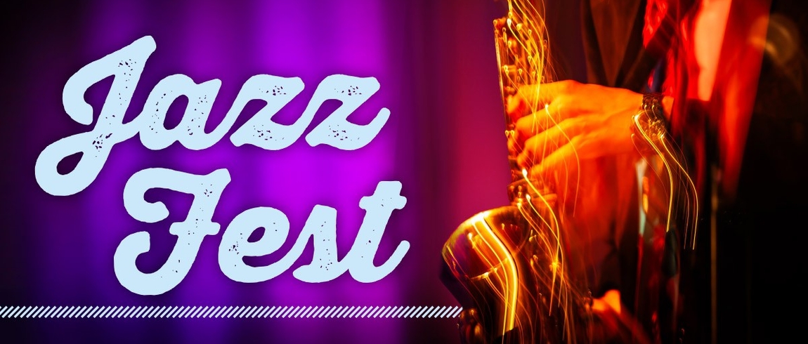 Jazz Fest promotional graphic with bold, light-blue script text reading ‘Jazz Fest’ on a purple gradient background. On the right, a close-up of a musician holding a saxophone is shown with warm orange and yellow light streaks, creating a vibrant, energetic concert atmosphere.