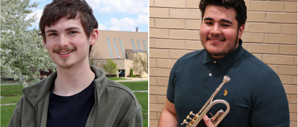 Landon Mitchell stands smiling at the camera in front of a flowering tree, blue sky, and campus building. Luis Sanchez stands smiling at the camera indoors while holding his trumpet.