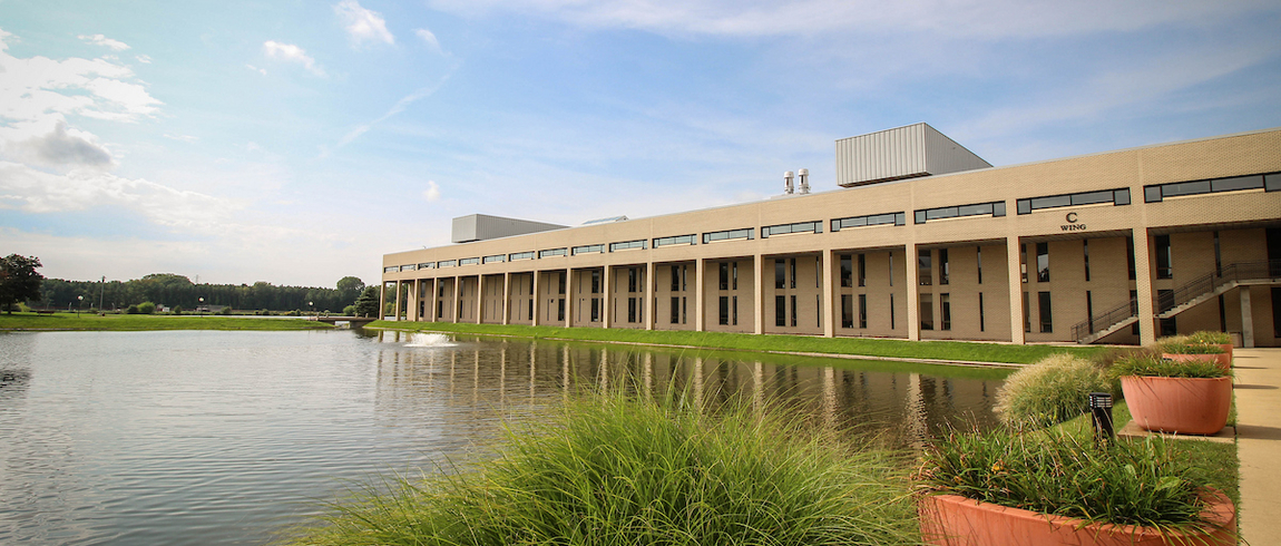 Campus building next to water with a blue sky in the background and green plants in the foreground.
