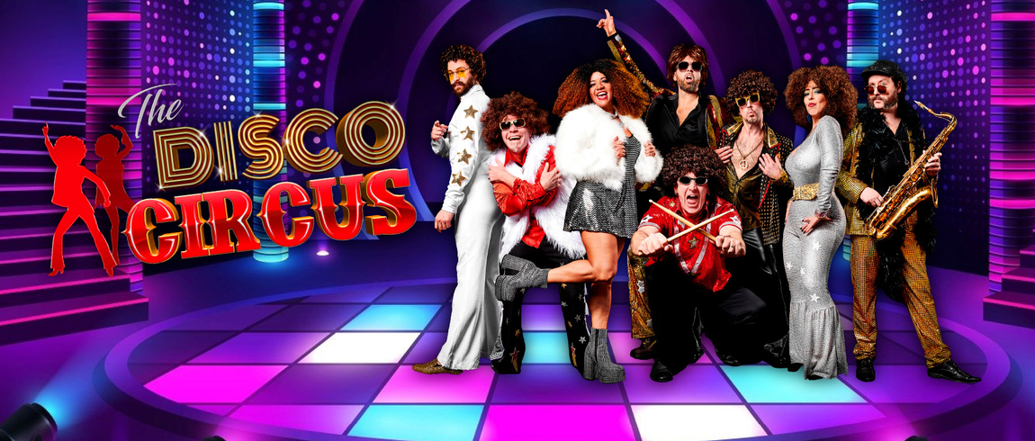 Promotional flyer for the Disco Circus. Performers pose on stage in 1970s attire. 