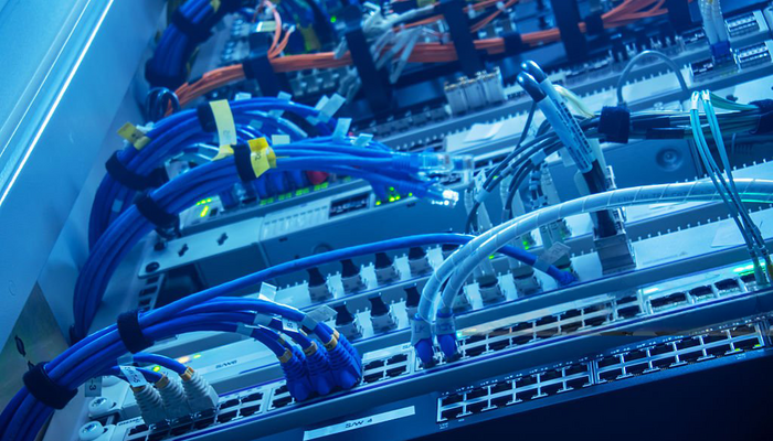 Close-up of a network server rack