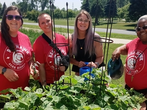 LMC's community garden and a team of volunteers.