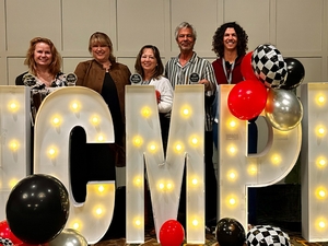 Lake Michigan College Marketing and Communications team members Jennifer Shoemaker, Laura Kraklau, Tina Gourlay, Michael Johnson, and Ian Kauffman display awards at the 2025 NCMPR. 