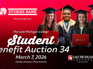 Promotional banner for The Lake Michigan College Student Benefit Auction 34, dated March 7, 2026. Five smiling graduates wearing black caps and gowns hold red Lake Michigan College diploma covers against a red patterned background. Text notes Sturgis Bank as the presenting sponsor and includes the Lake Michigan College Foundation logo.