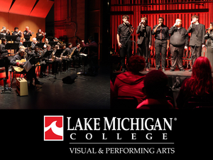 A wide, split-stage view of a live performance at Lake Michigan College, with a jazz ensemble playing instruments like piano, drums, guitar, brass, and saxophones on the left, and a vocal group singing into microphones on the right. The stage is lit in warm red tones, an audience is visible in the foreground, and the Lake Michigan College logo with the words “Visual & Performing Arts” appears centered at the bottom.