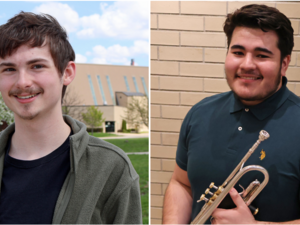 Landon Mitchell stands smiling at the camera in front of a flowering tree, blue sky, and campus building. Luis Sanchez stands smiling at the camera indoors while holding his trumpet.