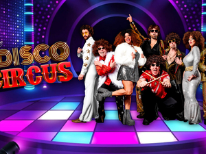 Promotional flyer for the Disco Circus. Performers pose on stage in 1970s attire. 