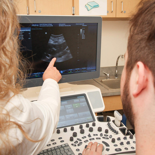 A student and instructor examining an ultrasound read out.